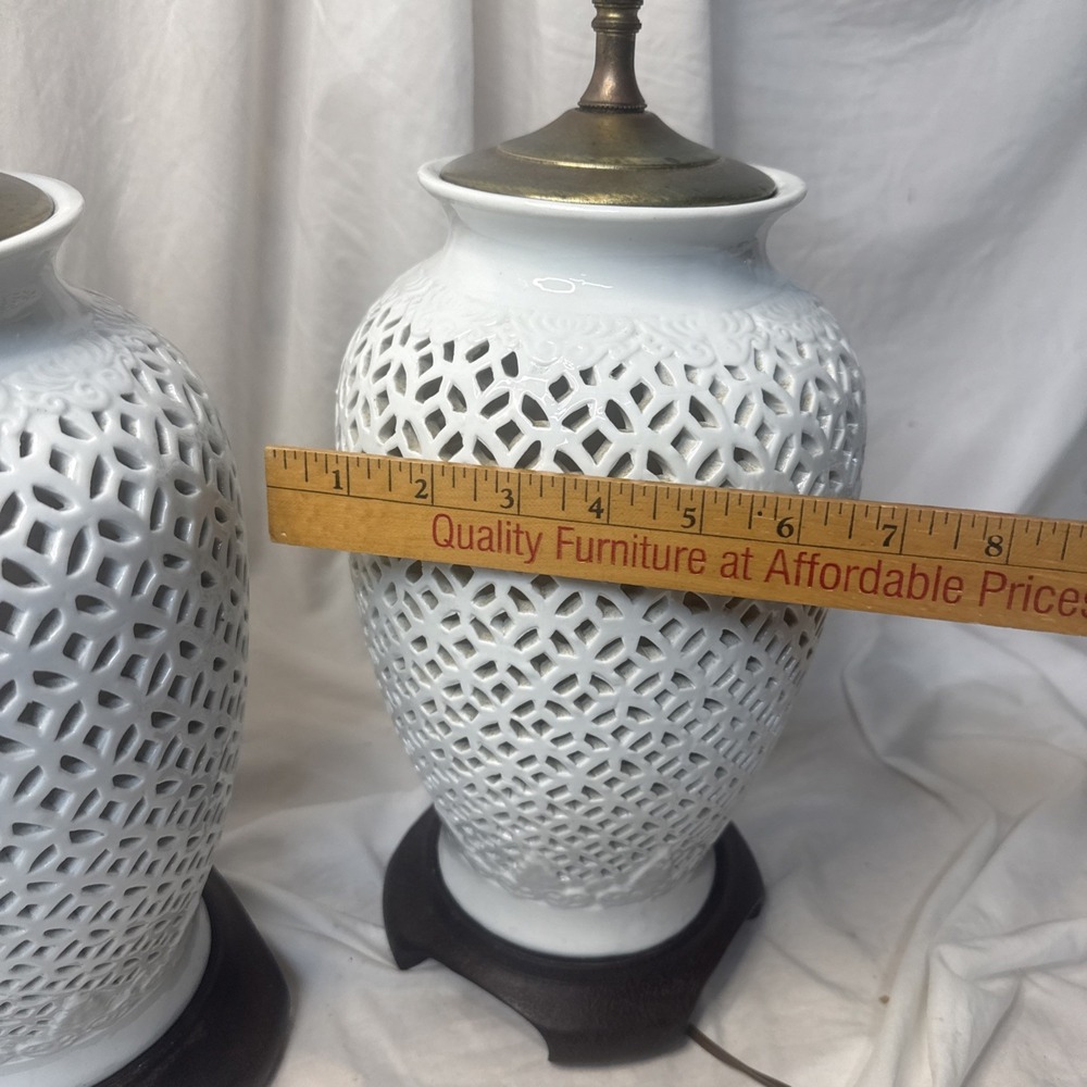 2 VTG Toyo Blanc de Chine Lamp Dual Light MCM Reticulated Ginger Jar Hollywood - Picture 10 of 16
